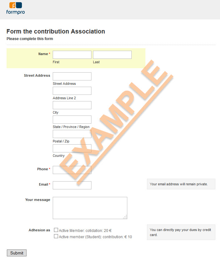 Money Contribution or Donation form sample by Formpro