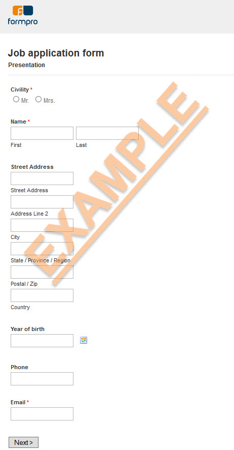 Job application form sample by Formpro